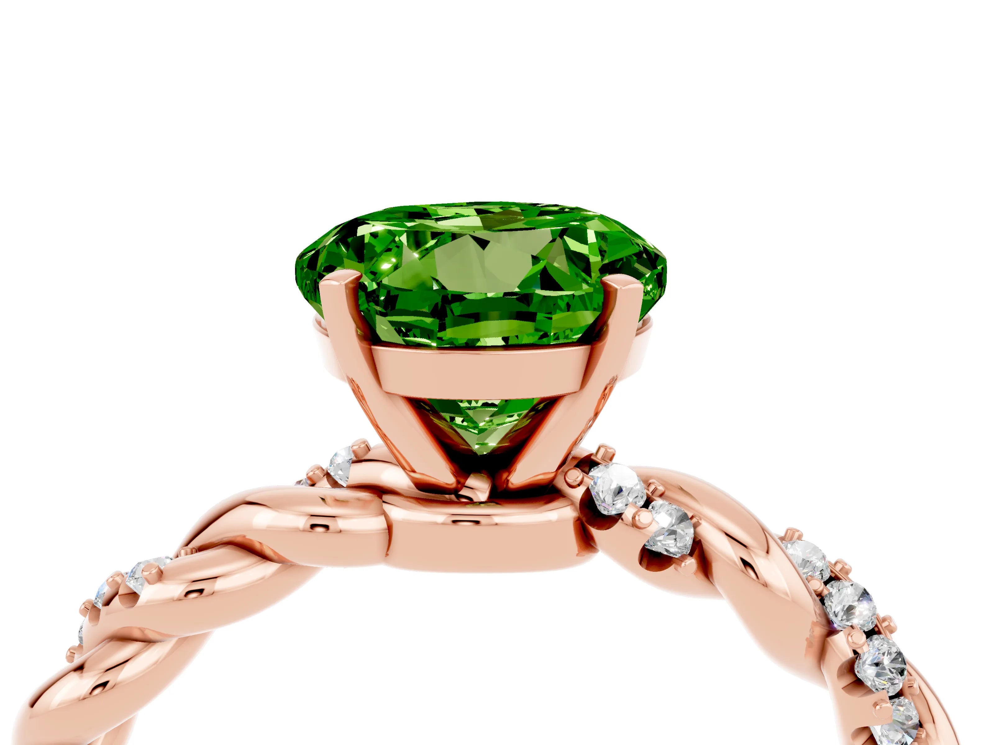 Rose gold Round Cut Peridot Solitaire Ring with Twisted Band and Pavé Accents_4