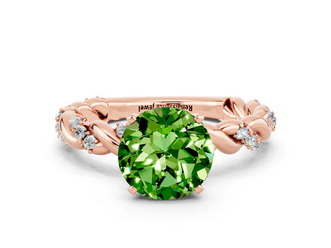 Rose gold Round Cut Peridot Solitaire Ring with Twisted Band and Pavé Accents