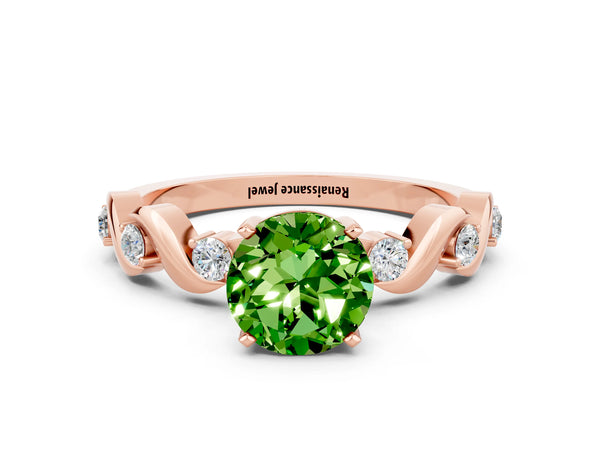 Rose gold Round Cut Peridot Solitaire Twisted Band with Round  Accents and Prong Setting