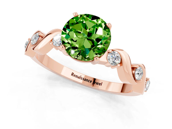 Rose gold Round Cut Peridot Solitaire Twisted Band with Round  Accents and Prong Setting