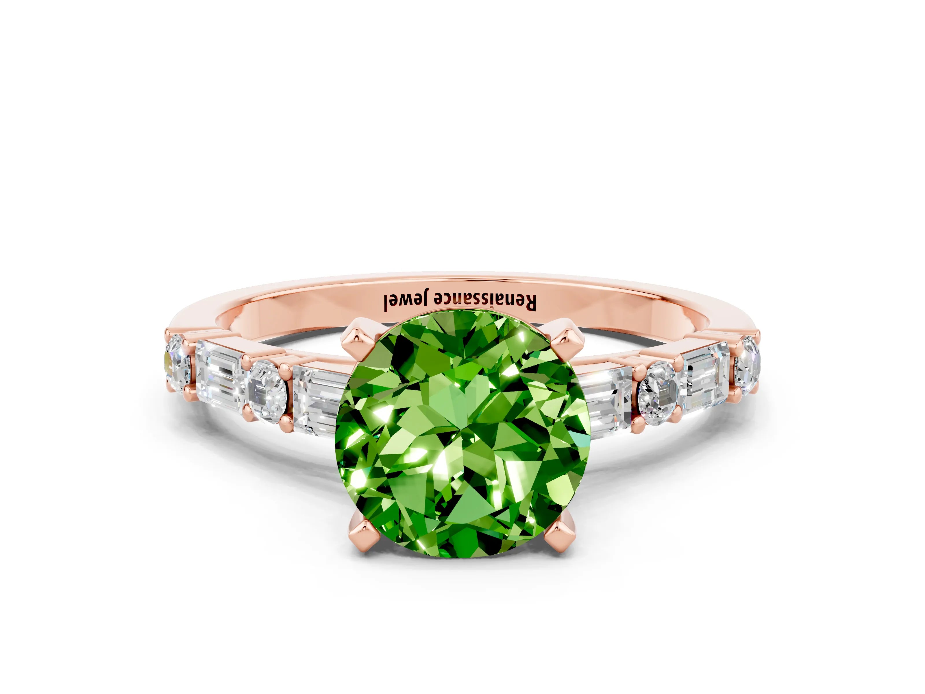 Rose gold Round Cut Peridot Solitaire with Side Baguettes and Channel Set Band