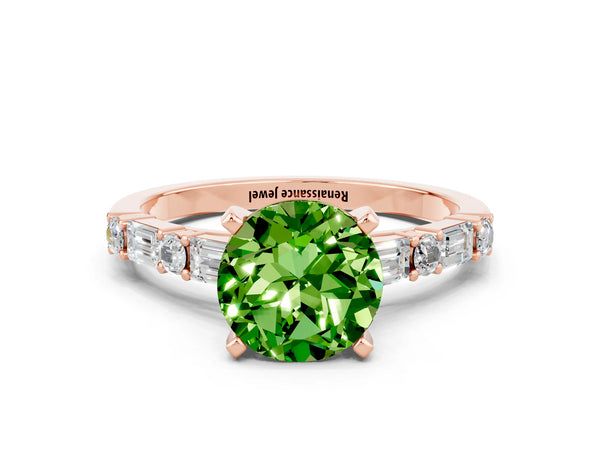 Rose gold Round Cut Peridot Solitaire with Side Baguettes and Channel Set Band