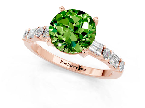 Rose gold Round Cut Peridot Solitaire with Side Baguettes and Channel Set Band_1