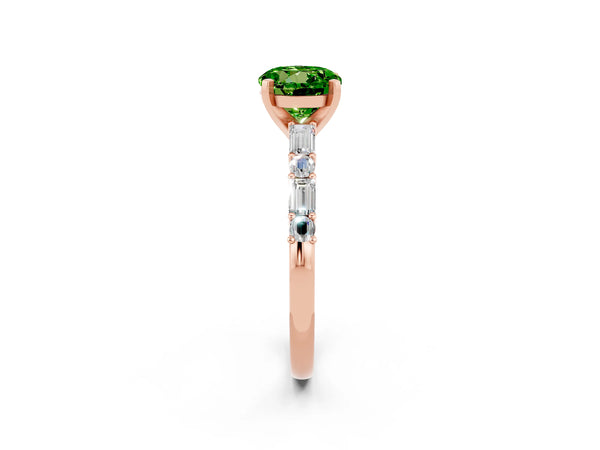 Rose gold Round Cut Peridot Solitaire with Side Baguettes and Channel Set Band
