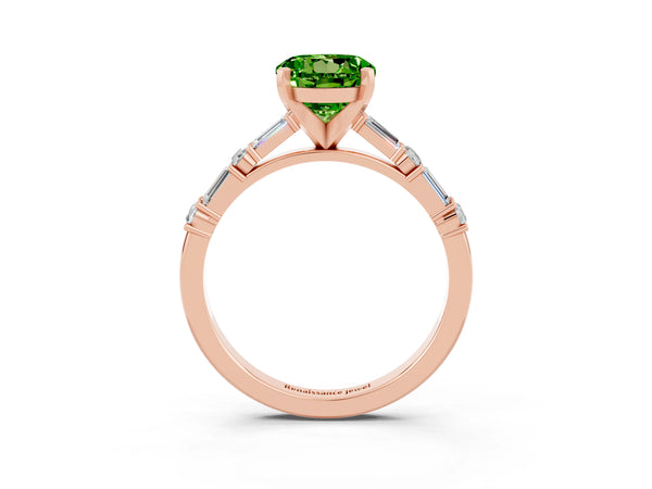 Rose gold Round Cut Peridot Solitaire with Side Baguettes and Channel Set Band