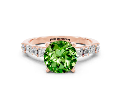 Rose gold Round Cut Peridot Solitaire with Side Baguettes and Channel Set Band