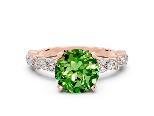 Rose gold Round Cut Peridot Side Stone Solitaire Ring with Round  and Four-Prong Setting