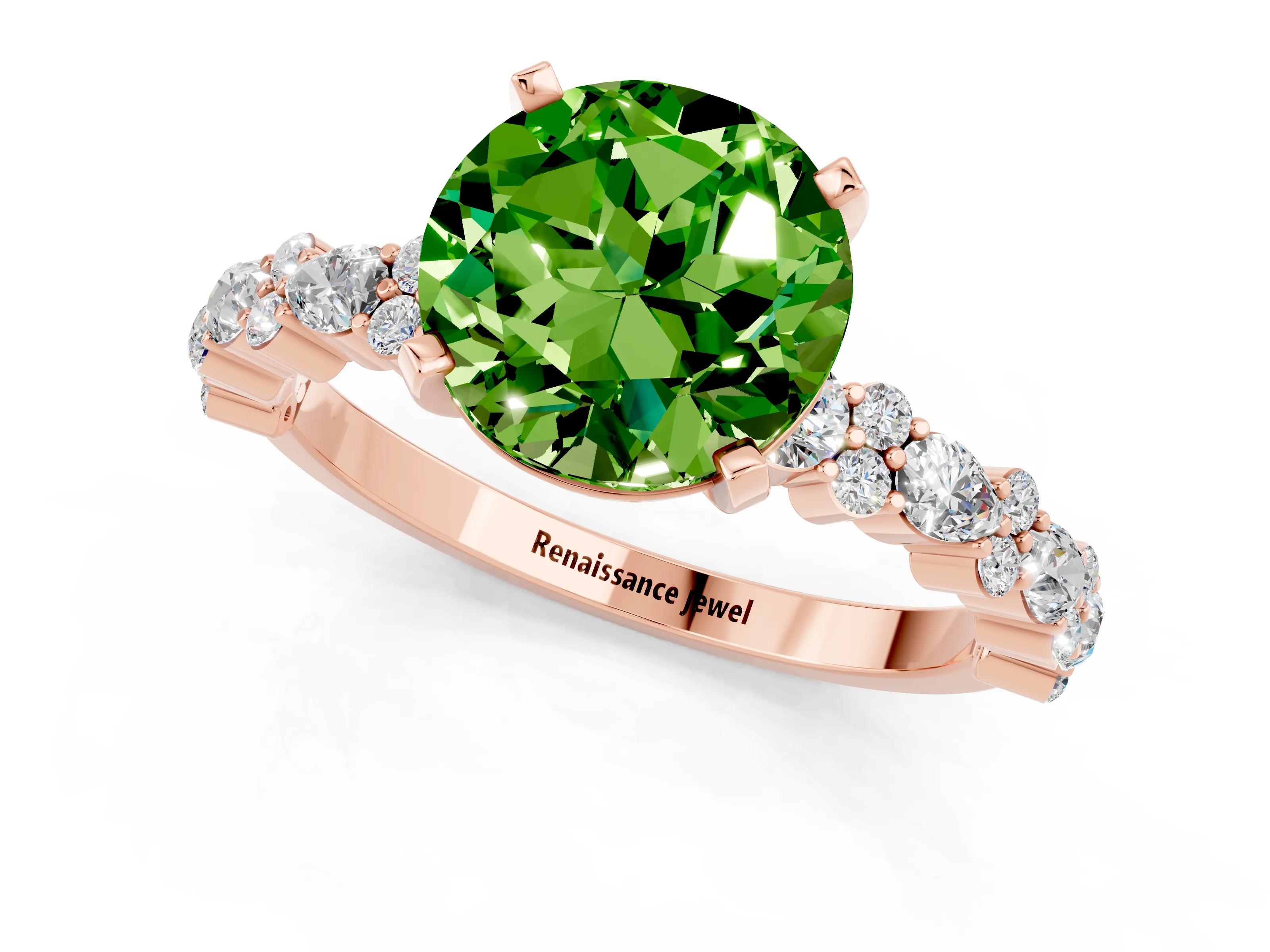 Rose gold Round Cut Peridot Solitaire with Side Stones, Pave Band, Four-Prong Setting_37