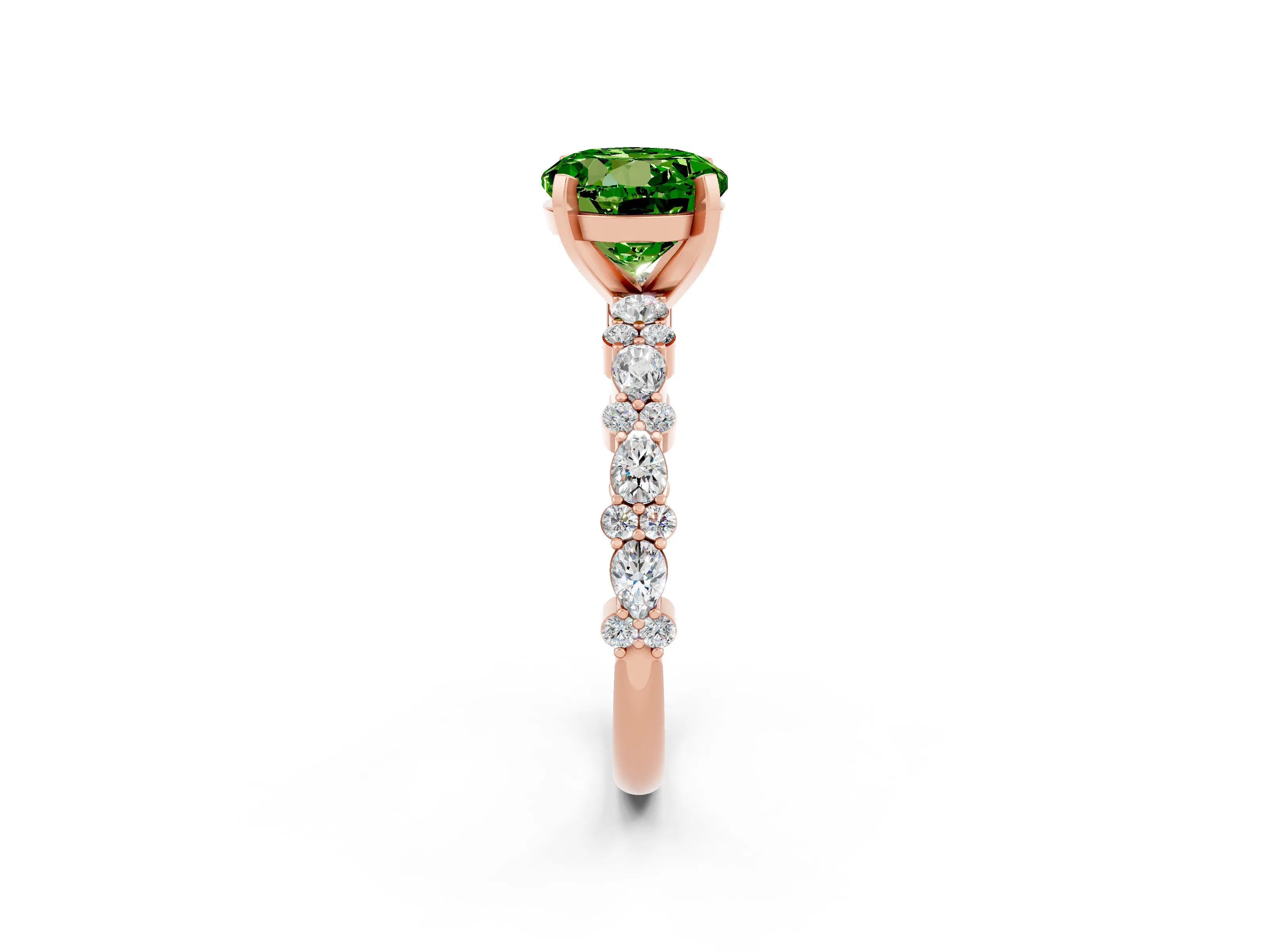 Rose gold Round Cut Peridot Solitaire with Side Stones, Pave Band, Four-Prong Setting_38