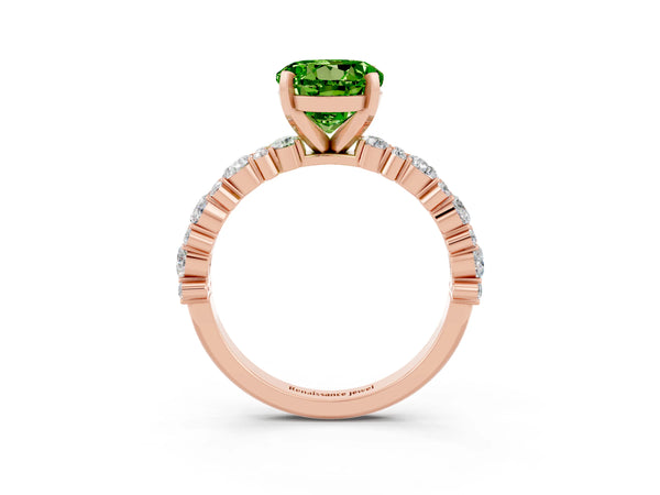 Rose gold Round Cut Peridot Side Stone Solitaire Ring with Round  and Four-Prong Setting