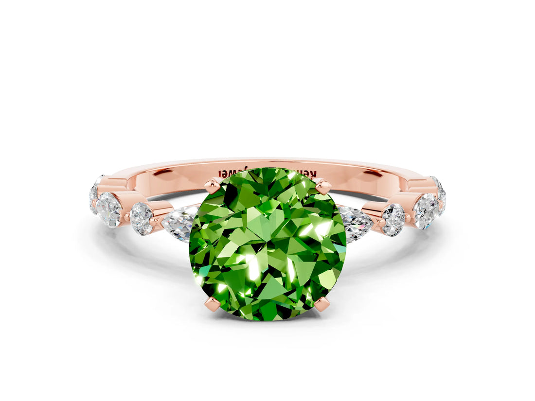 Rose gold Round Cut Peridot Solitaire with Side Stones on a Pavé Band and Four-Prong Setting