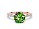 Rose gold Round Cut Peridot Solitaire with Side Stones on a Pavé Band and Four-Prong Setting