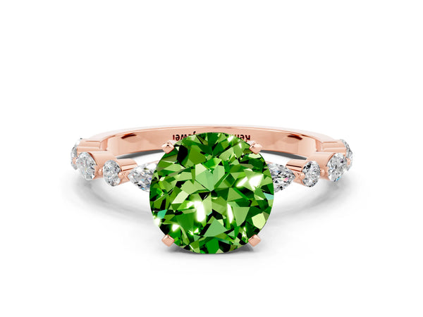 Rose gold Round Cut Peridot Ring with Marquise and Round  Side Stones and Four-Prong Setting