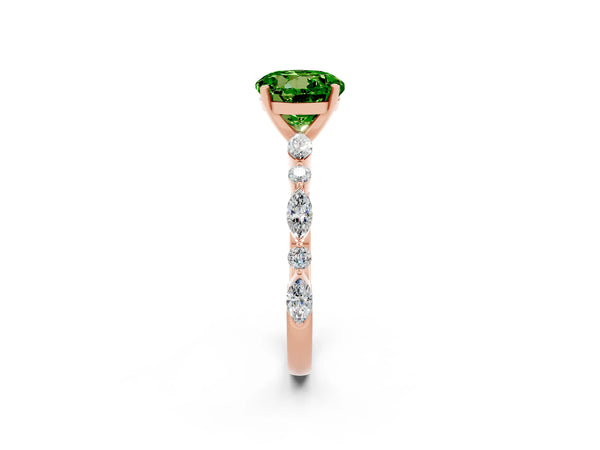 Rose gold Round Cut Peridot Ring with Marquise and Round  Side Stones and Four-Prong Setting