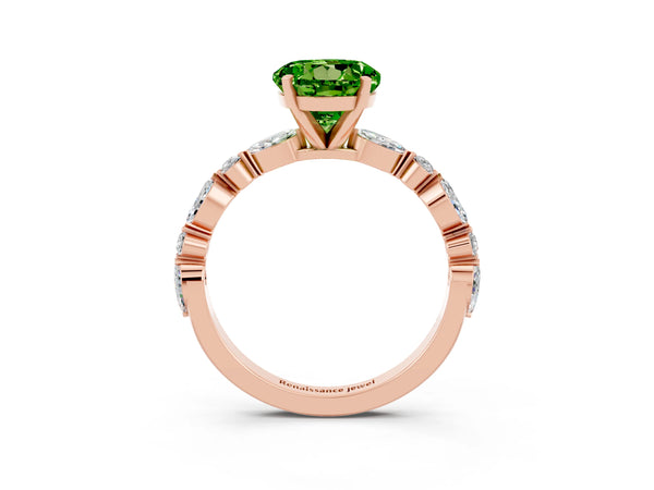 Rose gold Round Cut Peridot Ring with Marquise and Round  Side Stones and Four-Prong Setting