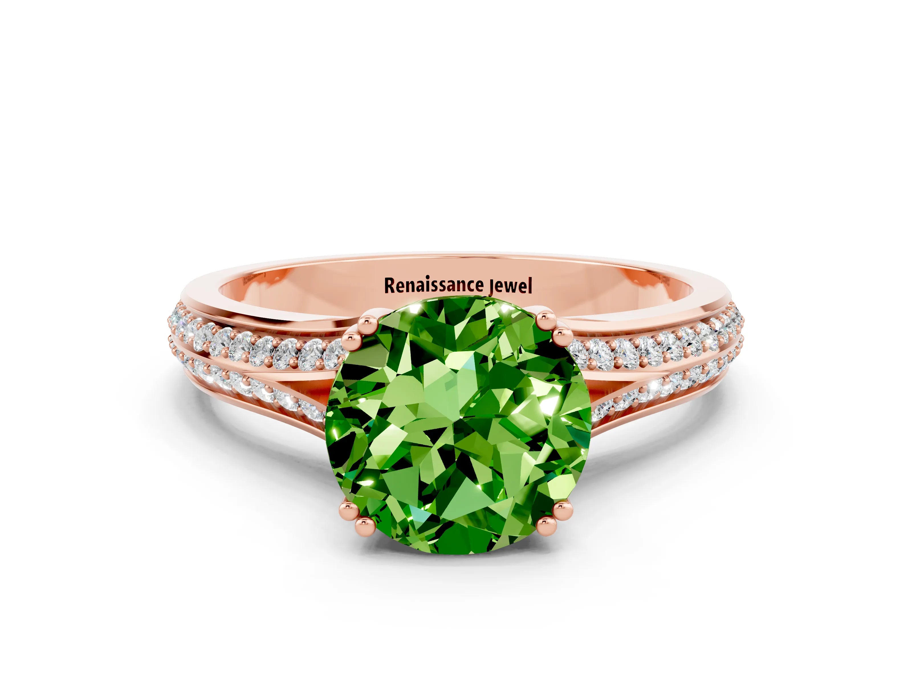 Rose gold Round Cut Peridot Split Shank Engagement Ring with Pavé Band