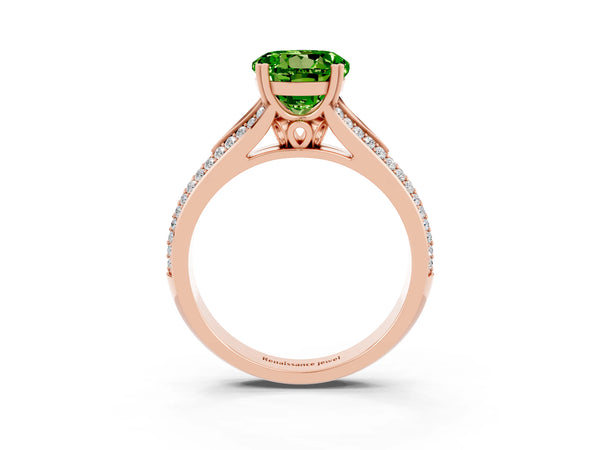 Rose gold Round Cut Peridot Split Shank Engagement Ring with Pavé Band