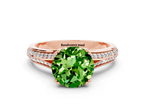 Rose gold Round Cut Peridot Split Shank Engagement Ring with Pavé Band
