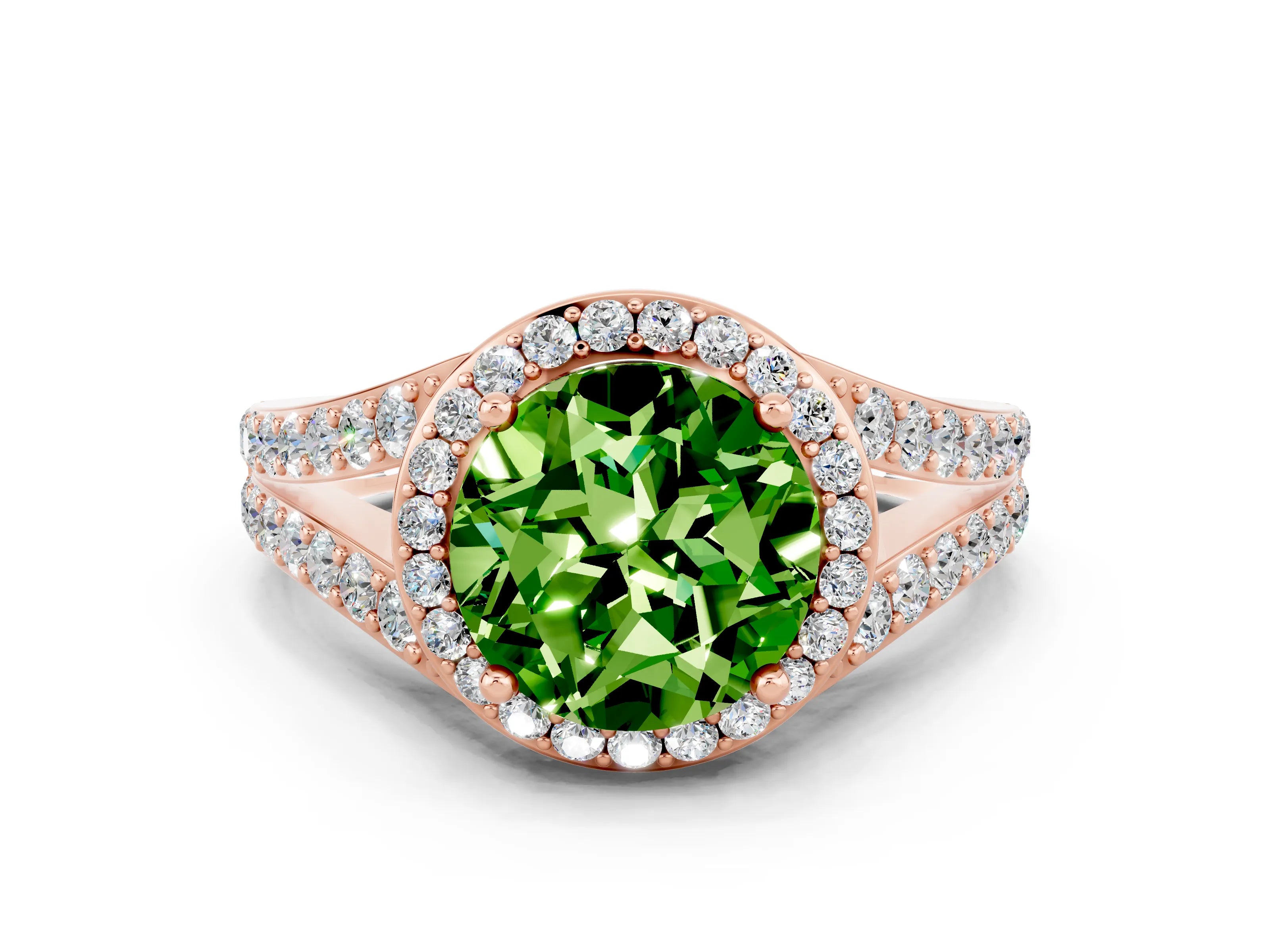 Rose gold Round Cut Peridot Split Shank Halo Ring with Four-Prong Setting_12