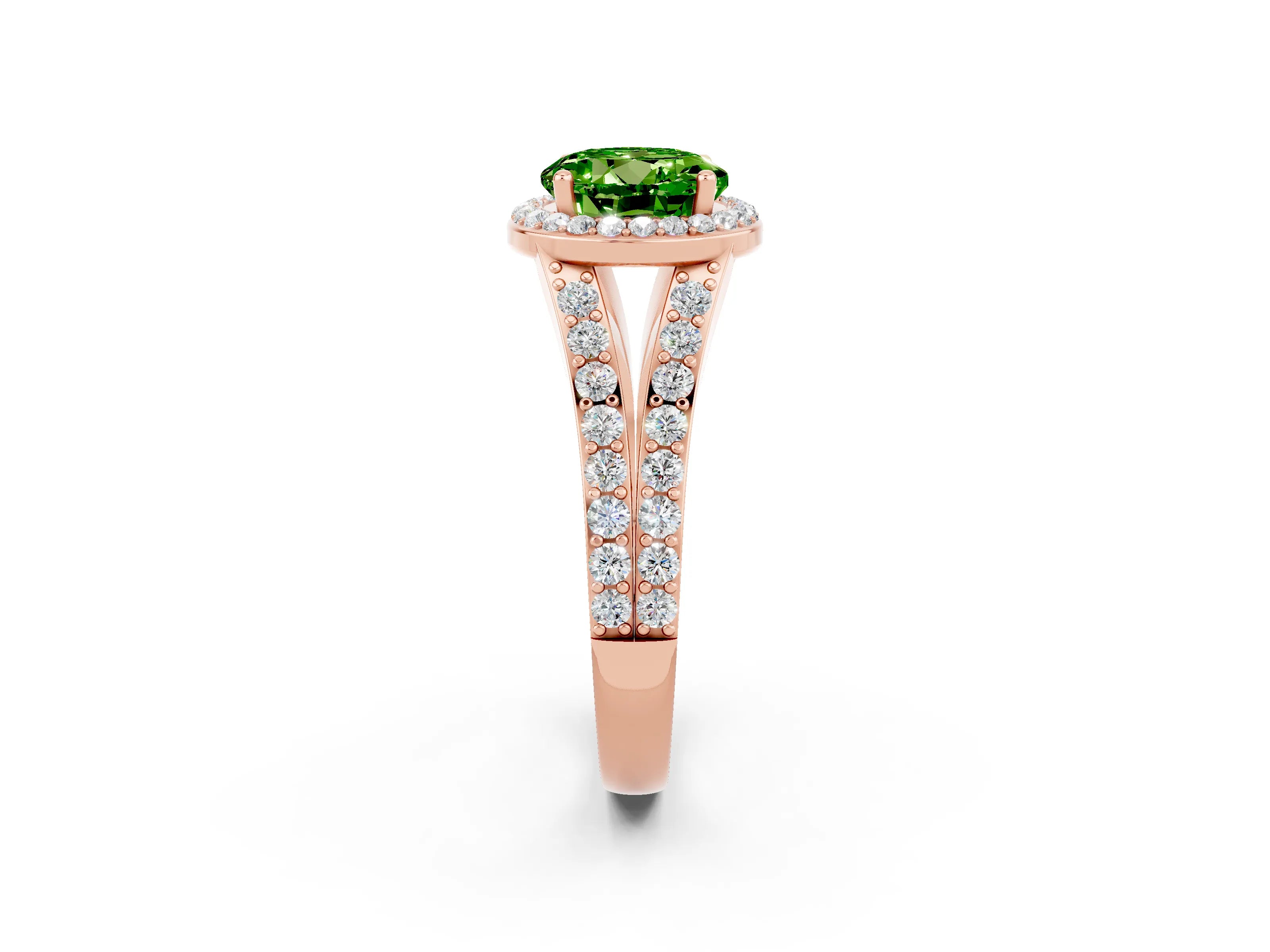 Rose gold Round Cut Peridot Split Shank Halo Ring with Four-Prong Setting_14