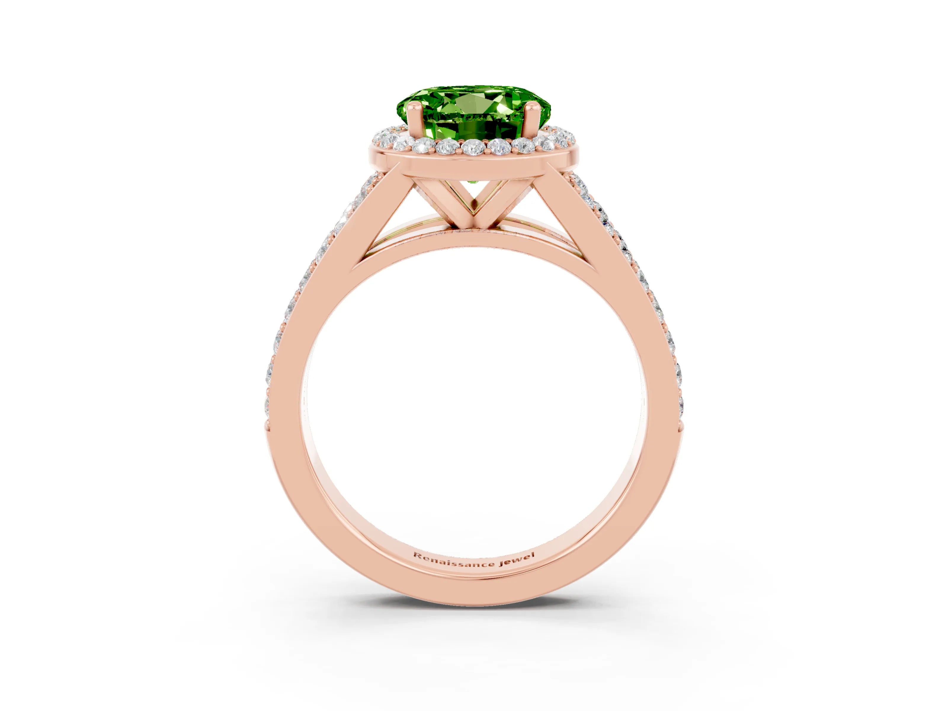 Rose gold Round Cut Peridot Split Shank Halo Ring with Four-Prong Setting_15