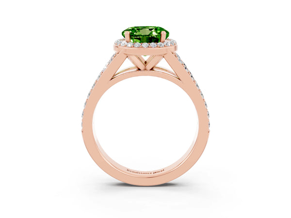 Rose gold Round Cut Peridot Split Shank Halo Ring with Four-Prong Setting