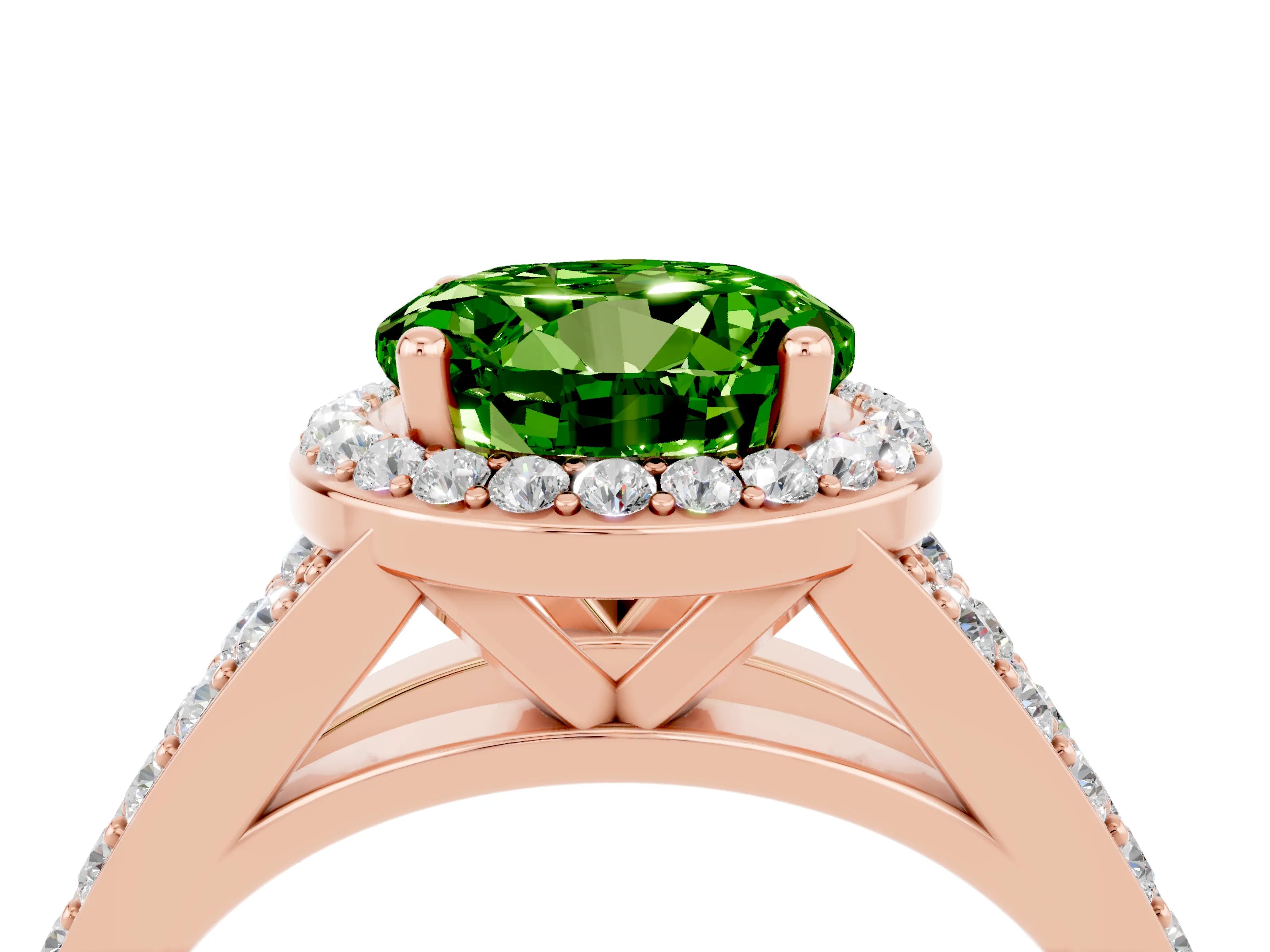 Rose gold Round Cut Peridot Split Shank Halo Ring with Four-Prong Setting_16