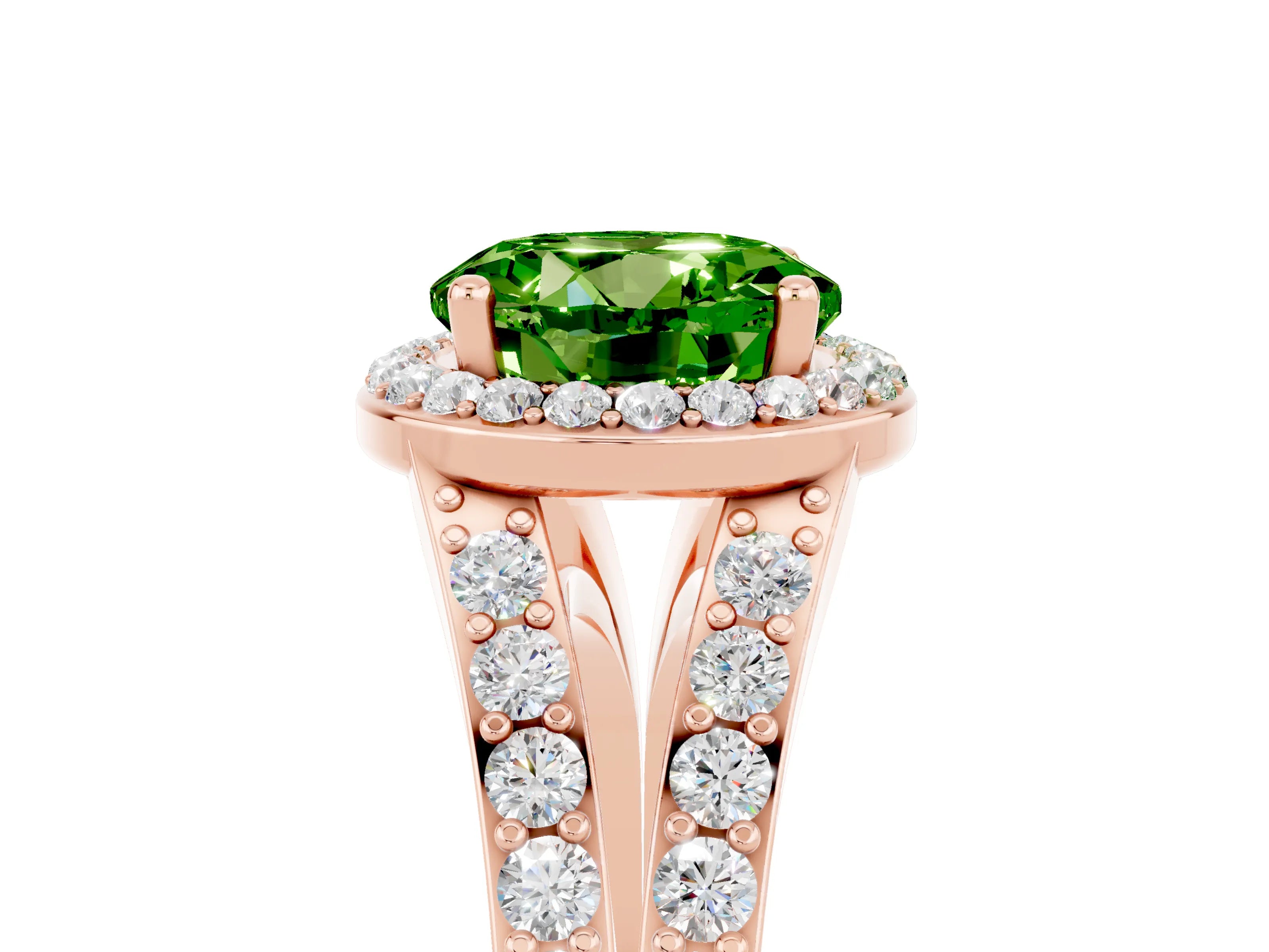 Rose gold Round Cut Peridot Split Shank Halo Ring with Four-Prong Setting_17