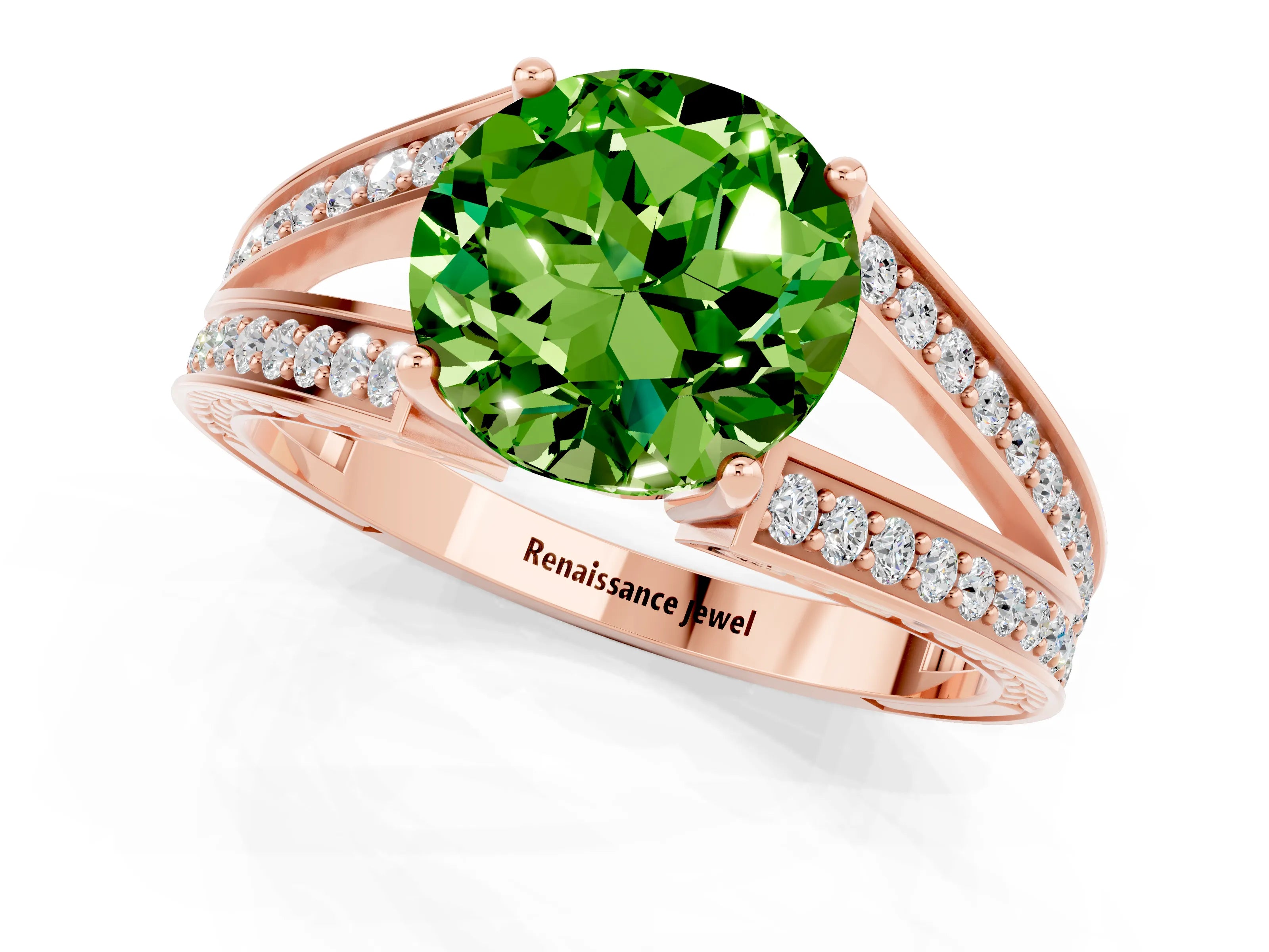 Rose gold Round Cut Peridot Split Shank Ring with Pavé Band and Four-Prong Setting_1