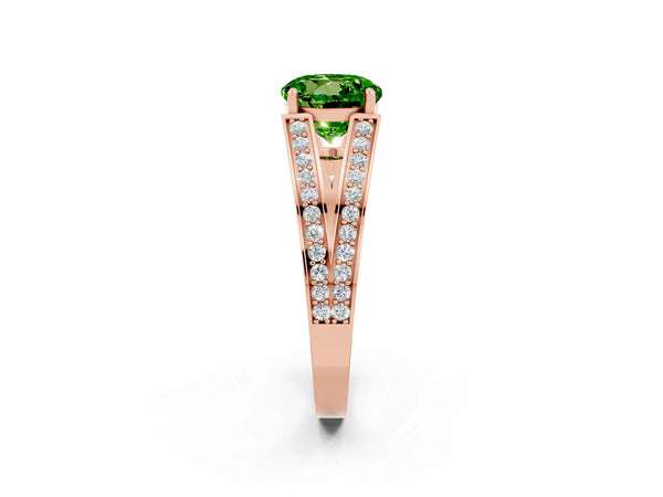 Rose gold Round Cut Peridot Split Shank Ring with Pavé Band and Four-Prong Setting