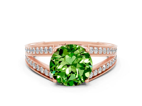 Rose gold Round Cut Peridot Split Shank Ring with Pavé Band and Four-Prong Setting