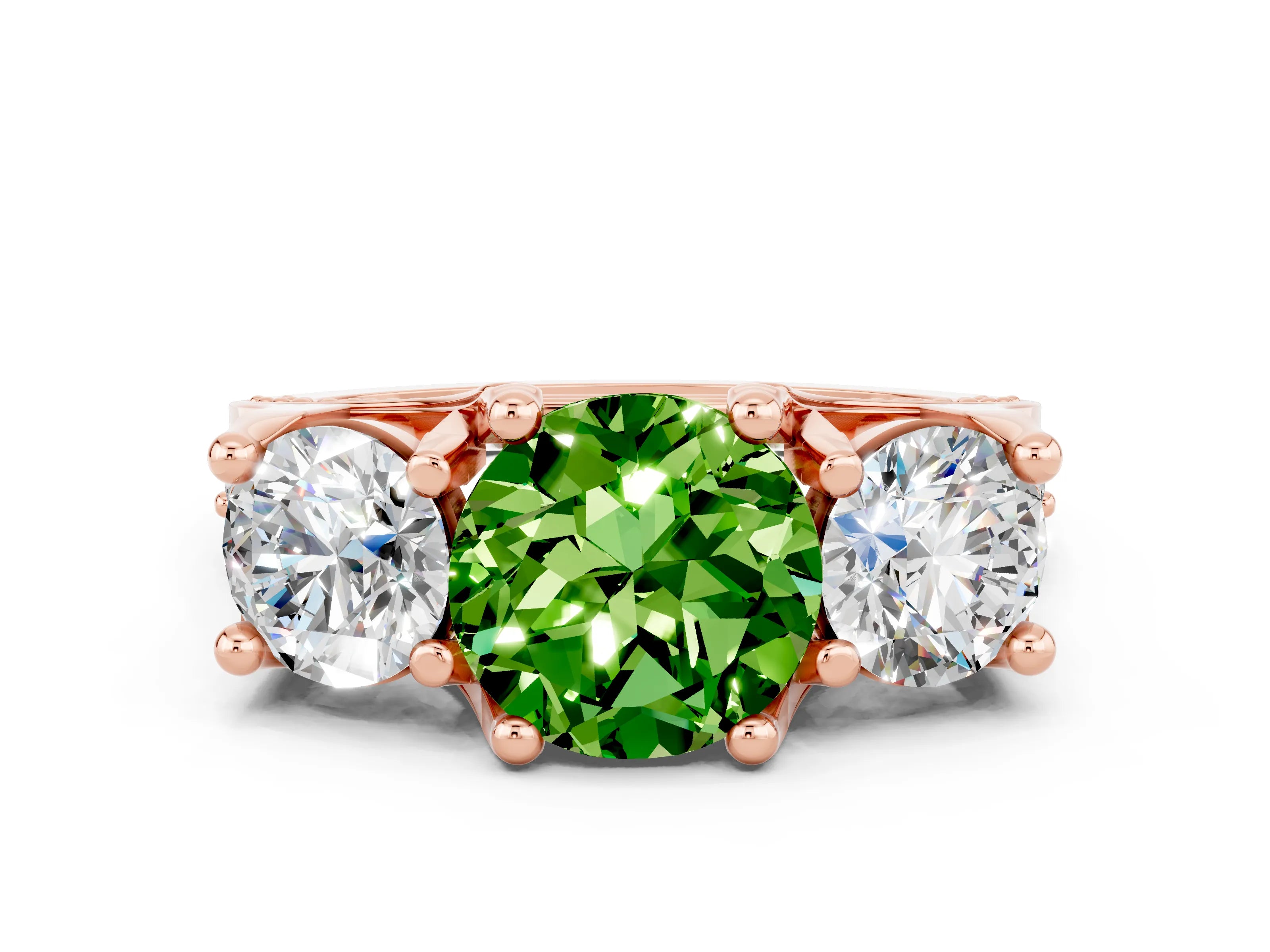 Rose gold Round Cut Peridot Three-Stone Ring with Channel Set Band and Four-Prong Setting