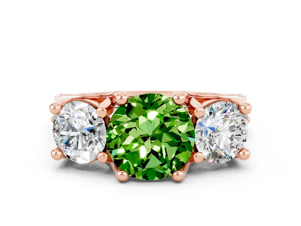 Rose gold Round Cut Peridot Three-Stone Ring with Channel Set Band and Four-Prong Setting
