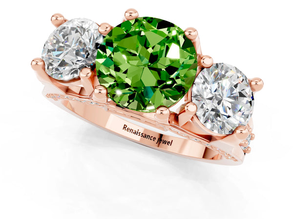 Rose gold Round Cut Peridot Three-Stone Ring with Channel Set Band and Four-Prong Setting