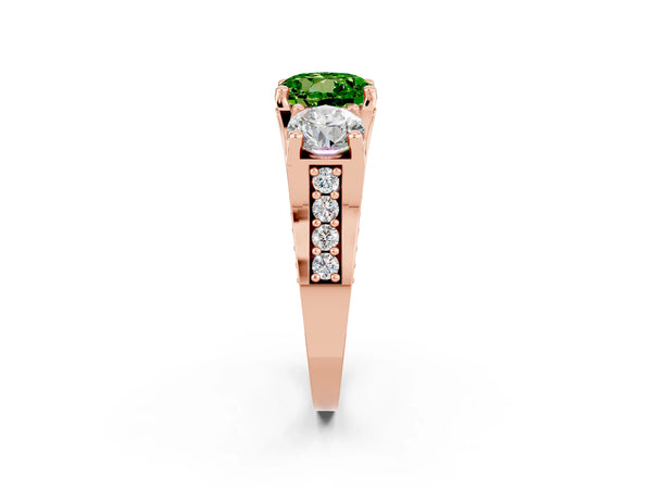 Rose gold Round Cut Peridot Three-Stone Ring with Channel Set Band and Four-Prong Setting