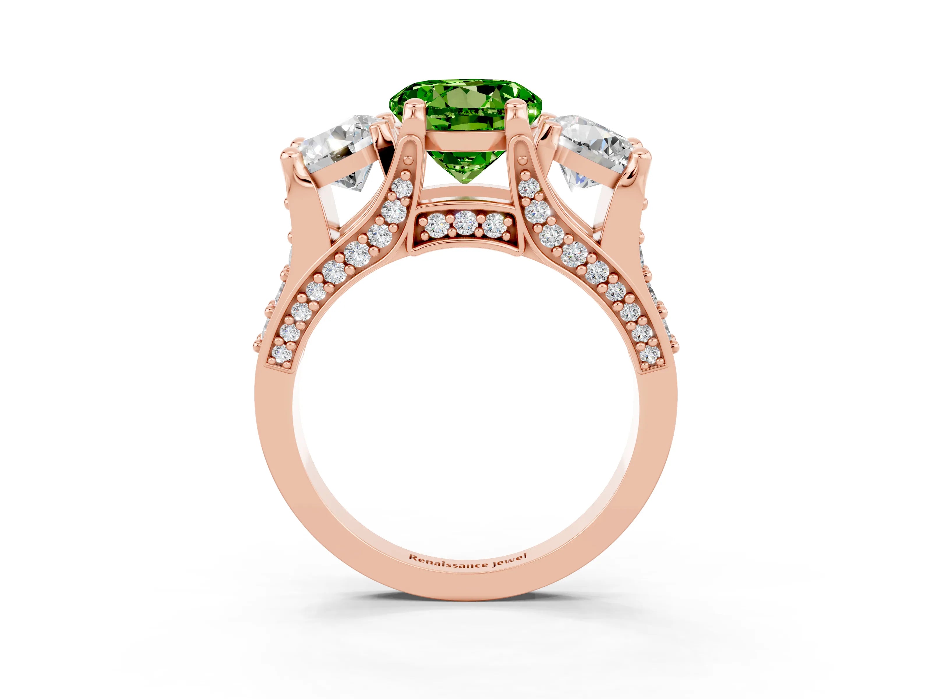 Rose gold Round Cut Peridot Three-Stone Ring with Channel Set Band and Four-Prong Setting_3