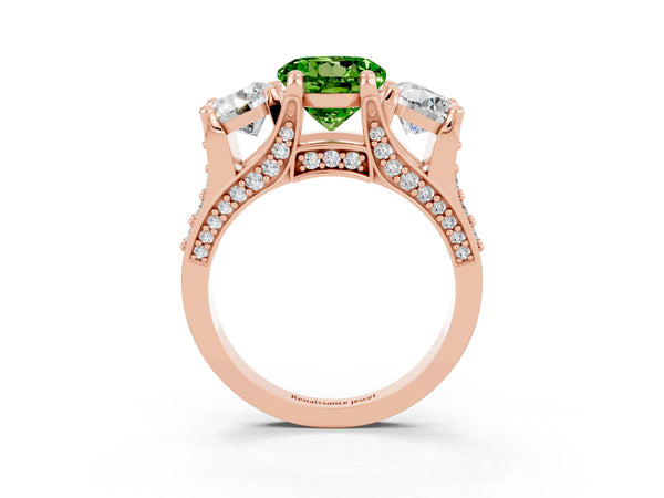 Rose gold Round Cut Peridot Three-Stone Ring with Channel Set Band and Four-Prong Setting