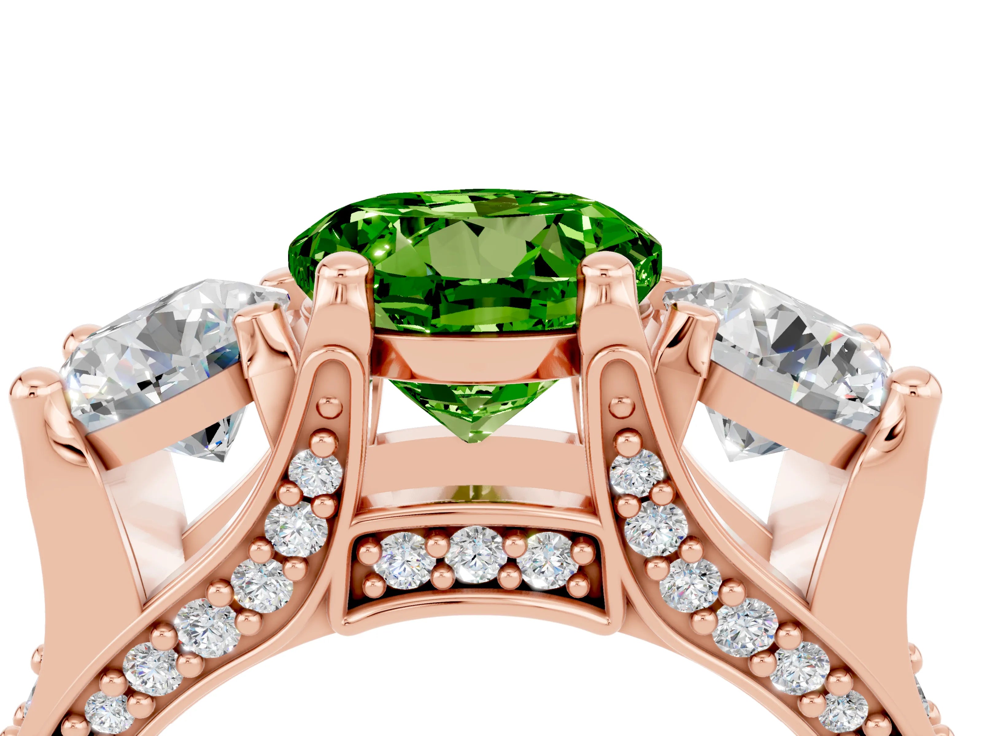 Rose gold Round Cut Peridot Three-Stone Ring with Channel Set Band and Four-Prong Setting_4