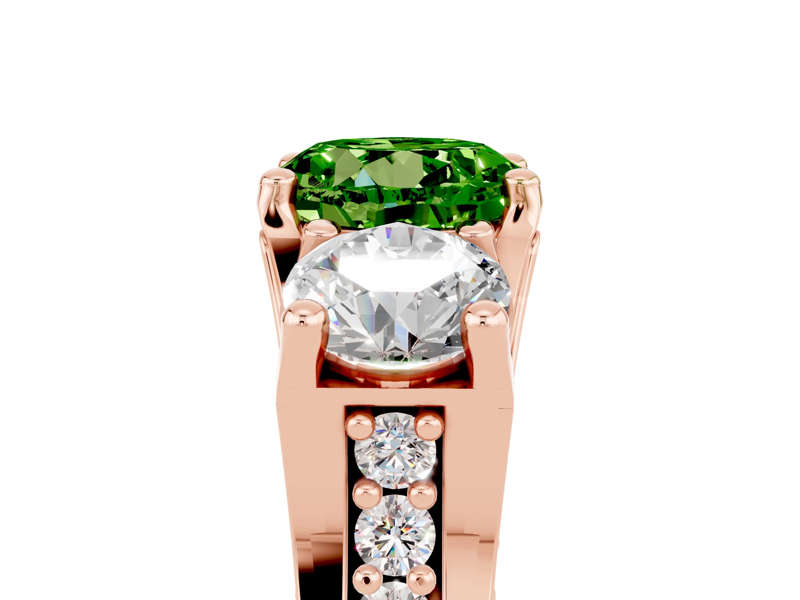 Rose gold Round Cut Peridot Three-Stone Ring with Channel Set Band and Four-Prong Setting_5