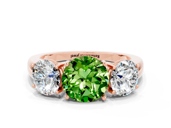 Rose gold Round Cut Peridot Three-Stone Ring with Four-Prong Setting and Classic Band