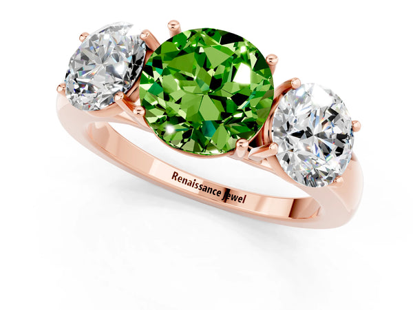 Rose gold Round Cut Peridot Three-Stone Ring with Four-Prong Setting and Classic Band