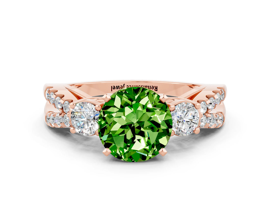 Rose gold Round Cut Peridot Three-Stone Ring with Pavé Split Shank and Four-Prong Setting
