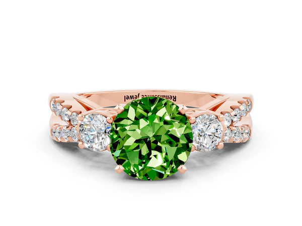Rose gold Round Cut Peridot Three-Stone Ring with Pavé Split Shank and Four-Prong Setting