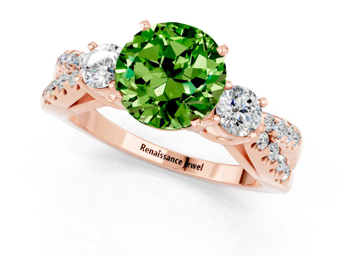 Rose gold Round Cut Peridot Three-Stone Ring with Pavé Split Shank and Four-Prong Setting_1
