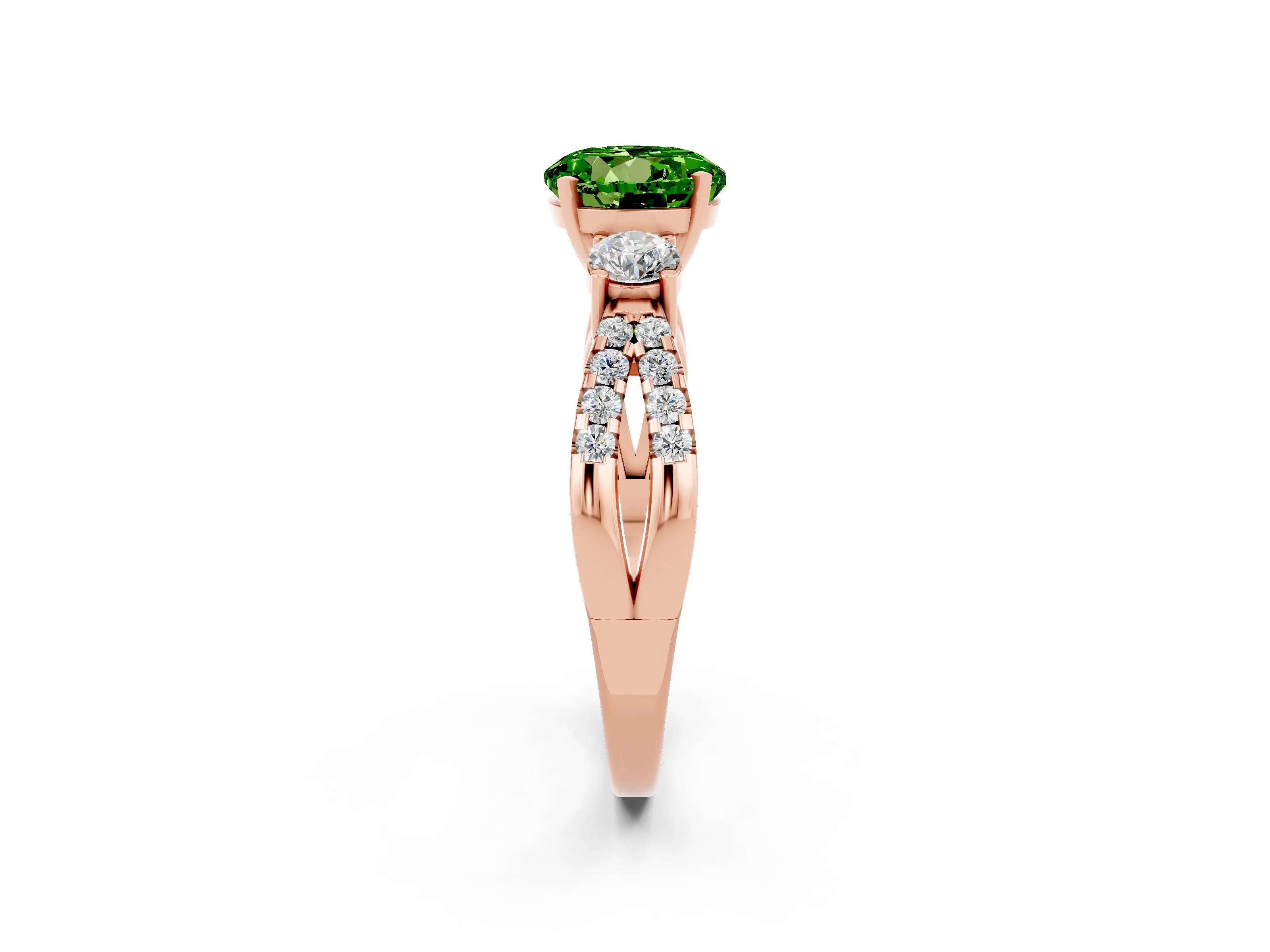 Rose gold Round Cut Peridot Three-Stone Ring with Pavé Split Shank and Four-Prong Setting_2