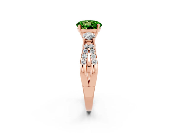 Rose gold Round Cut Peridot Three-Stone Ring with Pavé Split Shank and Four-Prong Setting