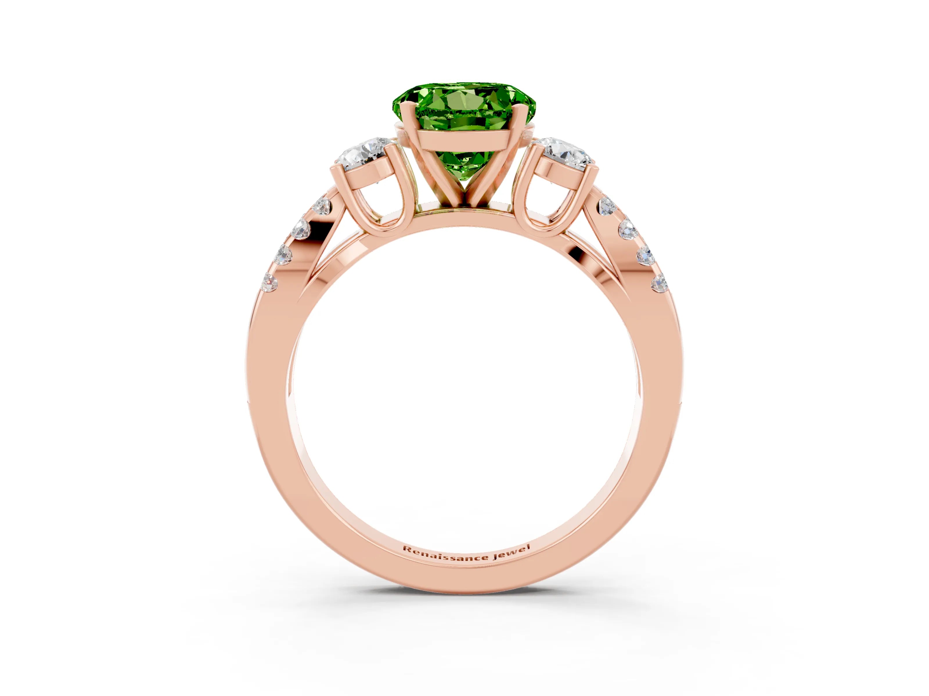 Rose gold Round Cut Peridot Three-Stone Ring with Pavé Split Shank and Four-Prong Setting_3