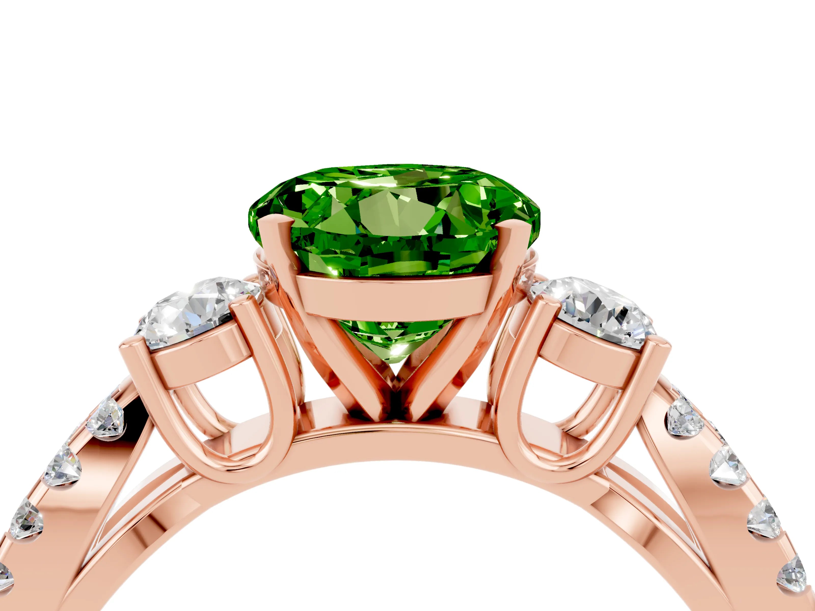Rose gold Round Cut Peridot Three-Stone Ring with Pavé Split Shank and Four-Prong Setting_4
