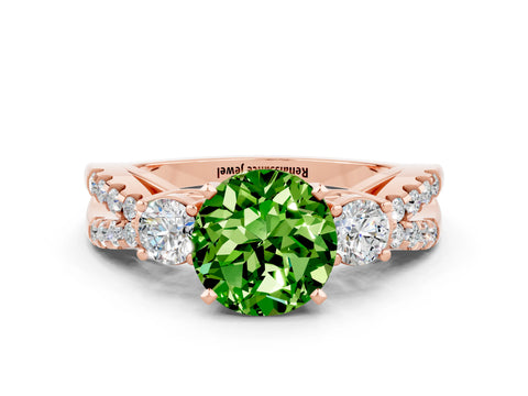 Rose gold Round Cut Peridot Three-Stone Ring with Pavé Split Shank and Four-Prong Setting
