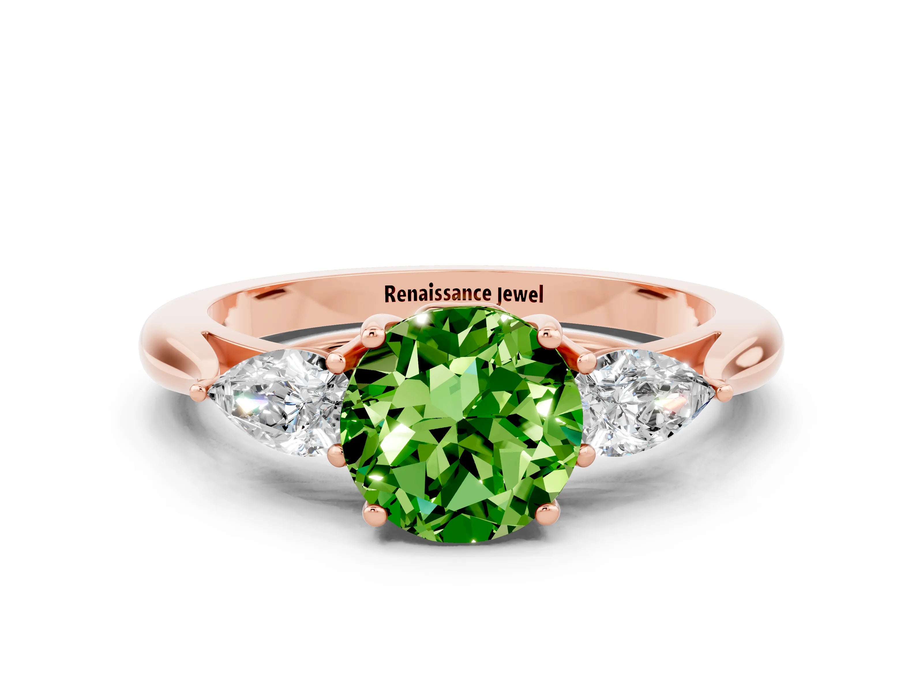 Rose gold Round Cut Peridot Three-Stone Ring with Pear Side Stones and Four-Prong Setting_12